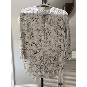 ZOZO Linen‎ NWT Tassel Fringe Button Down Top Leaf Print Boho Tunic S